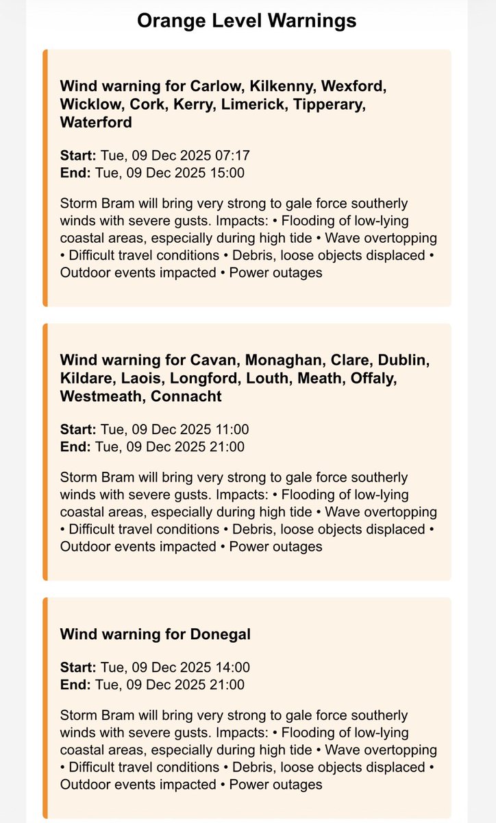 Entire country now on Orange warning for #StormBram as he tracks a little further East. 7:20am Tuesday