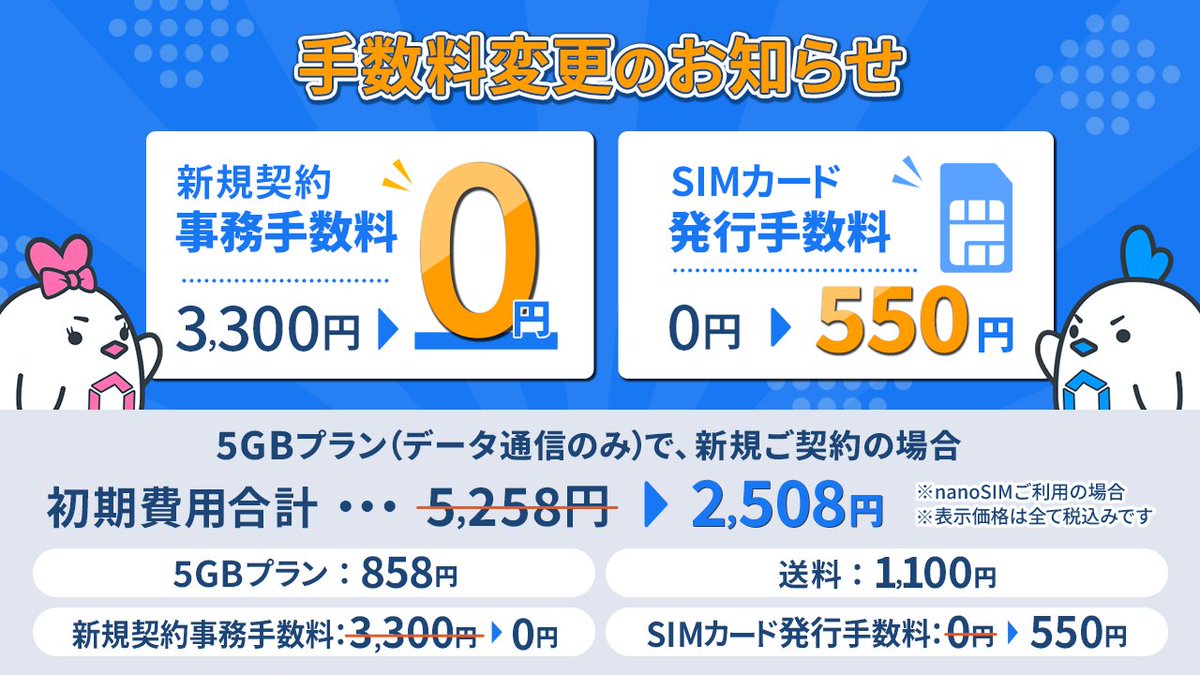 linksmate's tweet image. ＼📢手数料変更のお知らせ📢／

リンクスメイトは2025年12月9日（火）15:00より以下の手数料が変更となりました。

新規契約事務手数料：3,300円　→　0円
SIMカード発行手数料：0円　→　550円

SIMのご利用が1枚の場合、初期費用が2,750円おトクに💡
ぜひこの機会にLinksMateをご検討ください…