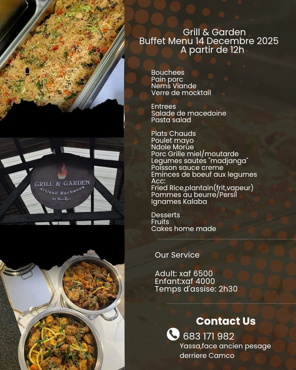 Ce dimanche, on vous attend pour un buffet généreux dans une ambiance conviviale !
👉 De 12h à 16h
🍽️ Adulte : 6500 / Enfant : 4000
Venez partager un vrai moment de gourmandise en famille.
Réservez déjà votre place