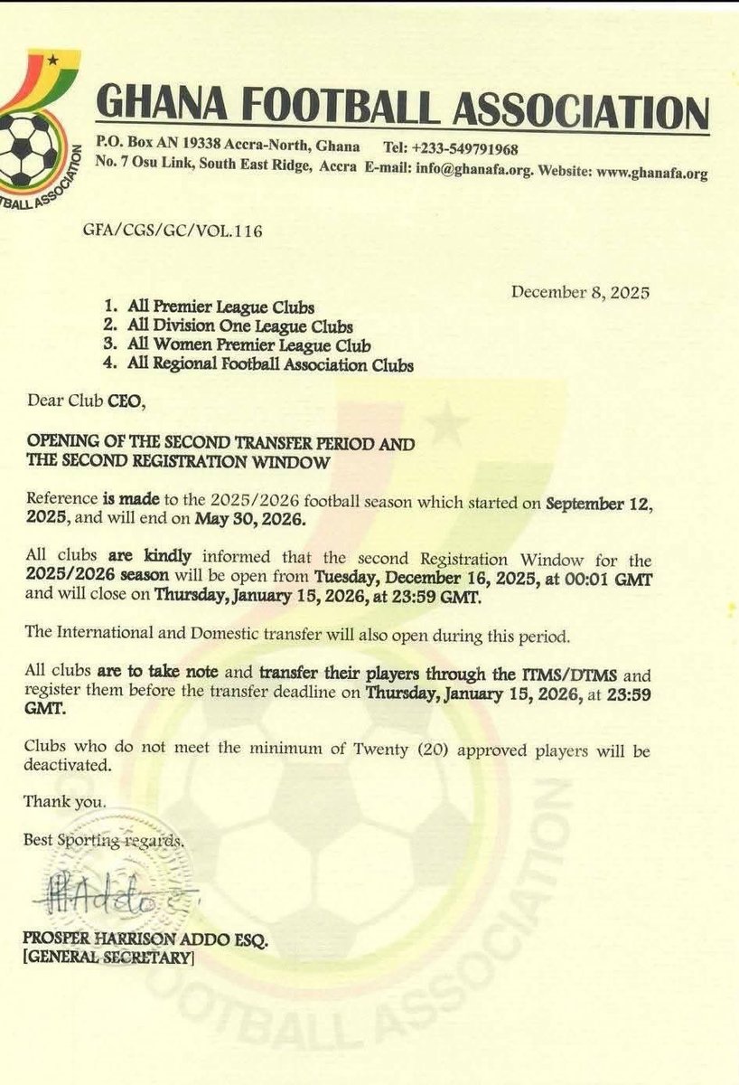 GFA CONFIRMS DECEMBER 16 START FOR SECOND TRANSFER WINDOW OF 2025/26 SEASON

GFA confirms December 16 start for Second Transfer Window of 2025/26 season
The Football Association has announced that the second registration window for the 2025/26 season