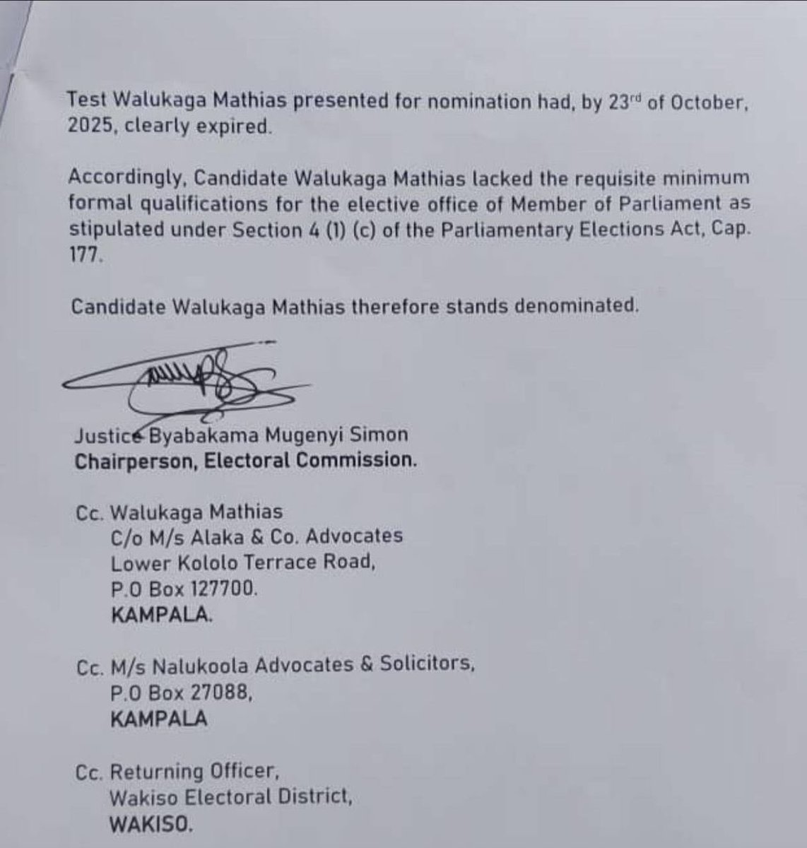BREAKING: Mathias Walukaga (NUP) has been denominated from the Busiro East MP race after locking requisite minimum formal qualifications for the elective office of Member of Parliament

#Radio8UG