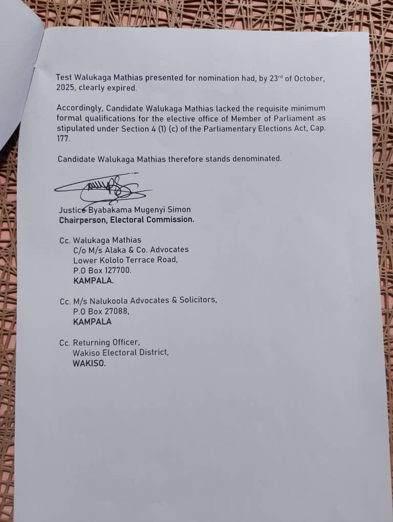 Just In: The <a href="/UgandaEC/">The Electoral Commission - Uganda</a> has denominated the @NUP Flagbearer for Busiro East Mathias Walukagga over lack of requisite minimum formal qualifications for an MP. Details <a href="/882SanyuFM/">88.2 Sanyu FM</a>