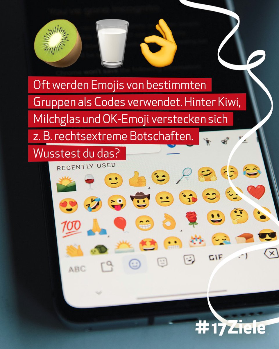 17Ziele's tweet image. #Emojis enthalten manchmal kodierte Hassbotschaften, z. B. 🥝 und 👌 als #RechteCodes. Andere Emojis hingegen können mächtige Symbole für #Umweltthemen sein. 🌱 Sei aufmerksam und nutze Emojis bewusst! 👉 t1p.de/5kq9c &amp;amp; t1p.de/1zf00 #17Ziele