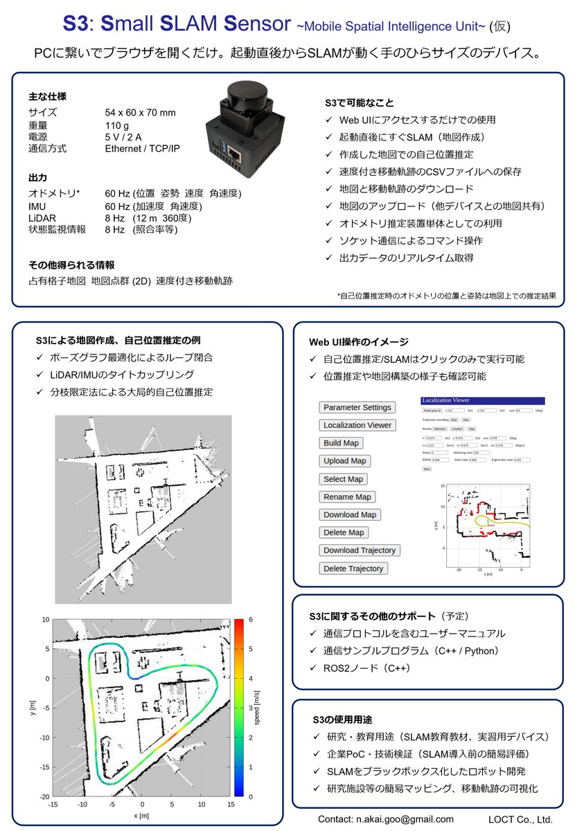 PCに繋いでブラウザを開くだけでSLAMが使える、
手のひらサイズのデバイスを現在LOCTで開発中です。

重さ110gで、約5m/sの速さでの移動追跡も可能です。

明日からのSI2025では研究発表に加えて、このデバイスも持って行きます。
ご興味あればぜひお声掛けください。発表中も置いておきます 1D7-17。