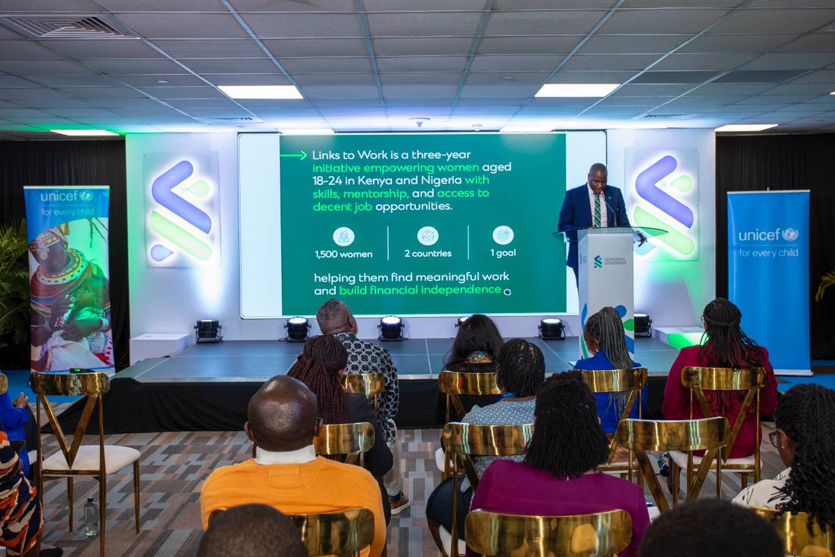 UNICEFKenya's tweet photo. Launch of the ‘Links to Work’ partnership between the Standard Chartered Foundation and UNICEF’s @GenUnlimited_.

This will support women aged 18-24 in Kenya with skills, mentorship and employment opportunities.

#StanChartFoundation #InspireImpact #WorkLifeRead https://t.co/3TAFTm3M88