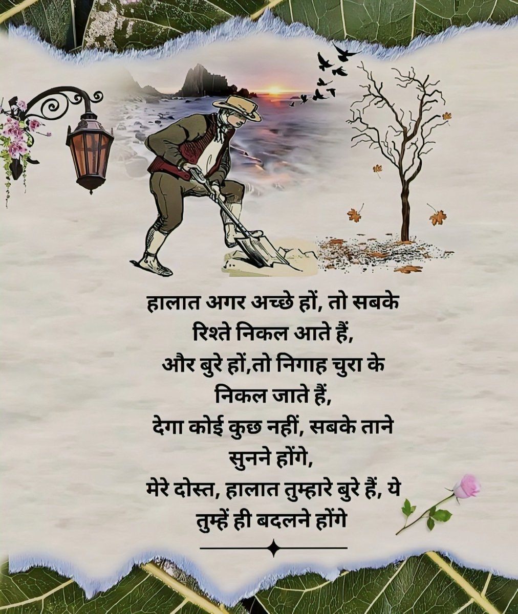 हालात अगर अच्छे हों, तो सबके रिश्ते निकल आते हैं, और बुरे हों, तो निगाह चुरा के निकल जाते हैं, देगा कोई कुछ नहीं, सबके ताने सुनने होंगे, मेरे दोस्त, हालात तुम्हारे बुरे हैं, ये तुम्हें ही बदलने होंगे !!