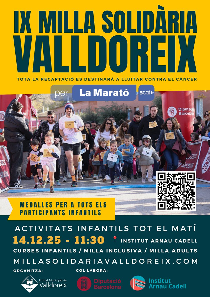 MValldoreix's tweet photo. Ja som més de 400 inscrits🎉

El 14 de desembre torna la 9a Milla Solidària de Valldoreix 💛

🏃‍♂️Esport
👨‍👩‍👧‍👦Família
🎗️Solidaritat

Correm per donar suport a @la_marato , dedicada enguany al càncer.

👉 Inscripcions obertes: https://t.co/VLMXQdDw08 https://t.co/ECIgB8dsE4