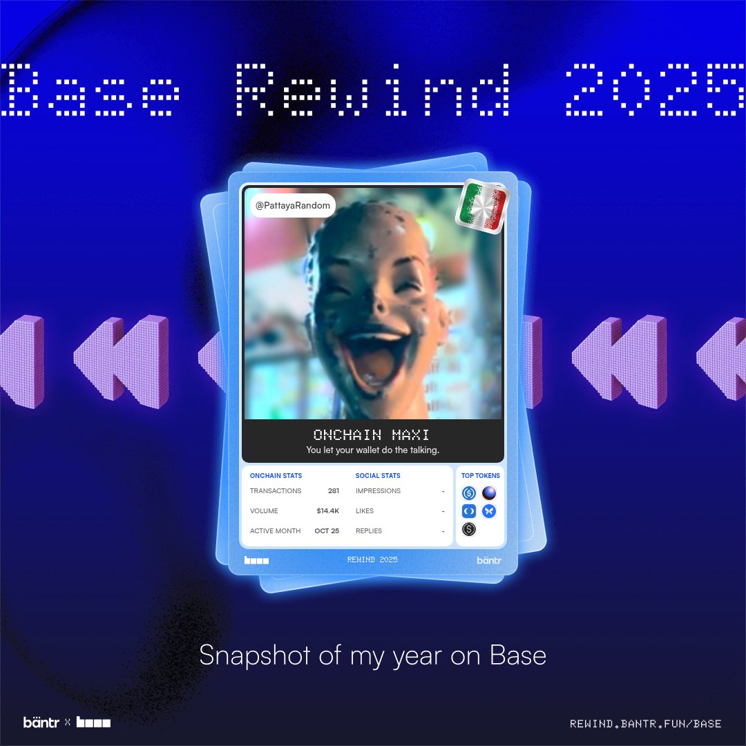 PattayaRandom's tweet image. Just checked my Base Rewind 2025 by @bantr_fun!
It’s a full recap of my year on @Base.

If you want to see your own onchain + social stats from 2025, go to: rewind.bantr.fun/base