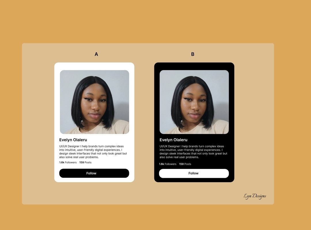 EvelynOlal17356's tweet photo. Back to Figma π©βπ»
I just designed a clean profile card simple, minimal, and straight to the point. Available in both dark and light mode.
#UIDesign #UXDesign #ProductCard #FigmaDesign #LynDesigns #UIUXDesign #DarkMode #LightMode #ProductDesign #JobSearch #OpenToWork https://t.co/SnnCCPYUpm