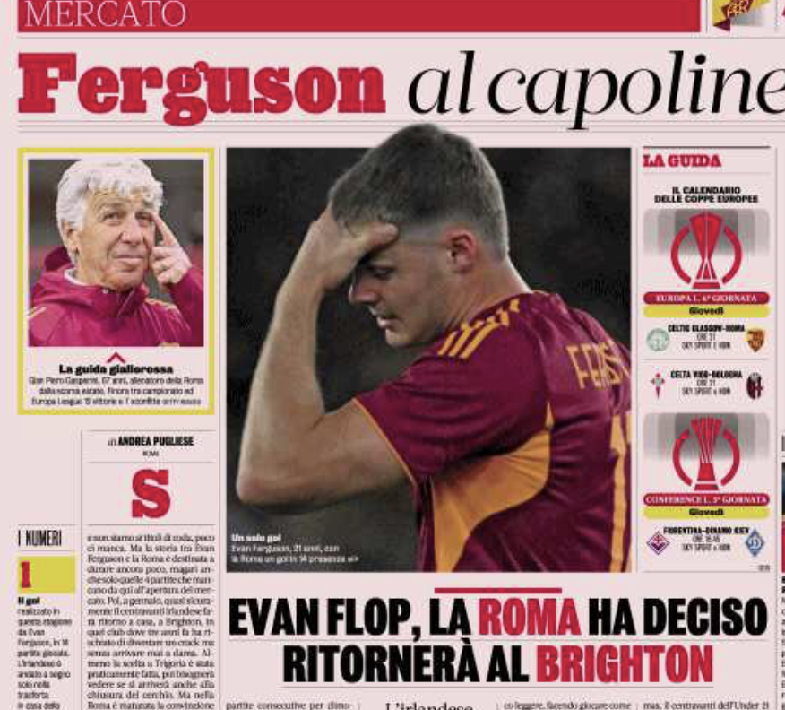 Guillaumemp's tweet image. Gazzetta : La Roma devrait mettre fin au prêt d'Evan #Ferguson dès janvier. L'attaquant va repartir à Brighton 🔚