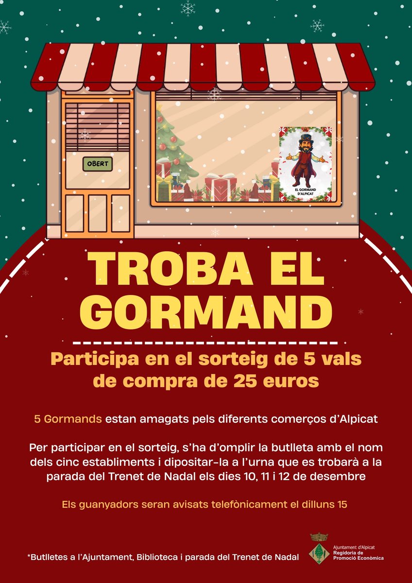 📢 Ja heu trobat el Gormand ⁉️
👉🏽 Participeu al sorteig Troba el Gormand 🦹‍♀️ 
➡️ S'han repartit 5 imatges en diferents comerços, i per participar al sorteig cal omplir la butlleta amb el nom dels 5 establiments 📝
‼️ Feu-ho i entrareu en el sorteig de 5 vals de compra de 25€ 🍀
