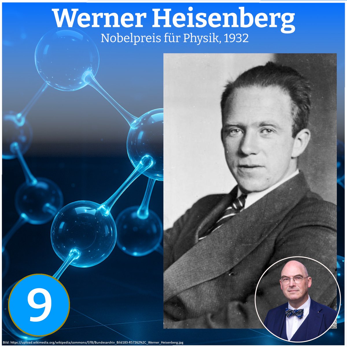 Das neunte Türchen im Adventskalender:

Werner Heisenberg entwickelte die Unschärferelation, einen Grundpfeiler der Quantenmechanik. Seine Arbeiten revolutionierten die theoretische Physik und veränderten das Verständnis der atomaren Welt.

1932 erhielt er dafür den Nobelpreis