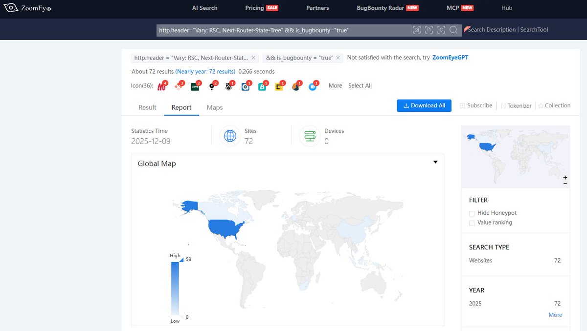 zoomeye_team's tweet image. 🚨🚨 #React2Shell (CVE-2025-55182) continues to heat up globally — and what&apos;s really sending bounty hunters&apos; heart rates through the roof is:
• RCE + no auth + super short exploit chain
• Hunters already landing successful exploits in high-value bounty programs
• Massive…