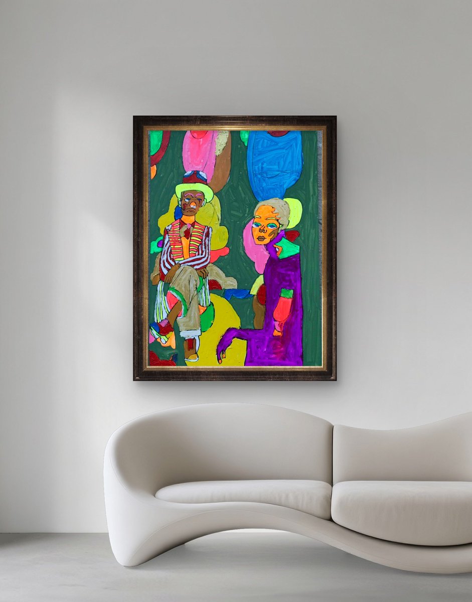 Title:  Two men and a woman sit on chairs.: 2人の男性と1人の女性が椅子に座っている : ชายกับหญิง 2 คนนั่งเก้าอี้
Technique : Acrylic on canvas.
Size : 50x70 cm.

I'm vivid colour expressions artists.