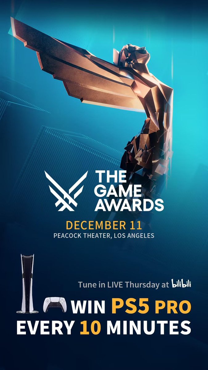 Watch #TheGameAwards live on <a href="/bilibili_en/">bilibili</a> in China for your chance to win a PS5 Pro -- one will be given away every 10 minutes.

More details: live.bilibili.com/blackboard/era…