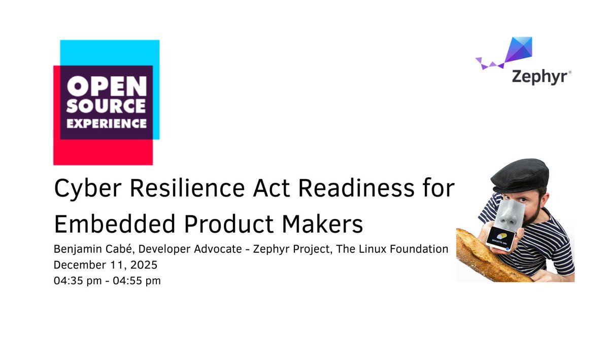 ZephyrIoT's tweet image. Is your embedded product ready for the EU #CyberResilienceAct? On Dec 11, 2025 at Open Source Experience, @kartben presents Cyber Resilience Act Readiness for Embedded Product Makers with Zephyr Project. Learn more: hubs.la/Q03XfQp30 #osxp2025 #ZephyrRTOS @OSXP_Paris