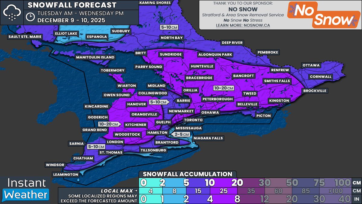 #ONStorm #ONwx 🔁❄️ Back-to-Back Clippers To Deliver Up to 20cm of Snow Across Southern Ontario by Wednesday

📅 Tuesday, December 9 - Wednesday, December 10, 2025

⤵️ VIEW THE FULL FORECAST:

instantweatherinc.com/article/ontari…

- Brennen

———
Thank you to our sponsor, No Snow: No Snow, No
