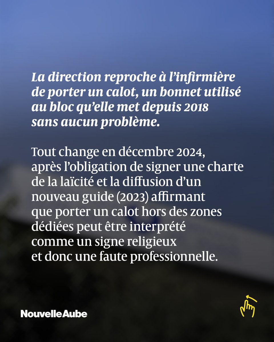 nouvelleaubefr's tweet photo. Majdouline, infirmière exemplaire à l’AP-HP, a été licenciée après avoir refusé d’ôter son calot, dans un contexte de durcissement de la laïcité et de “chasse aux couvre-chefs” visant surtout des soignantes perçues comme musulmanes. https://t.co/CMHmSJ3QJu