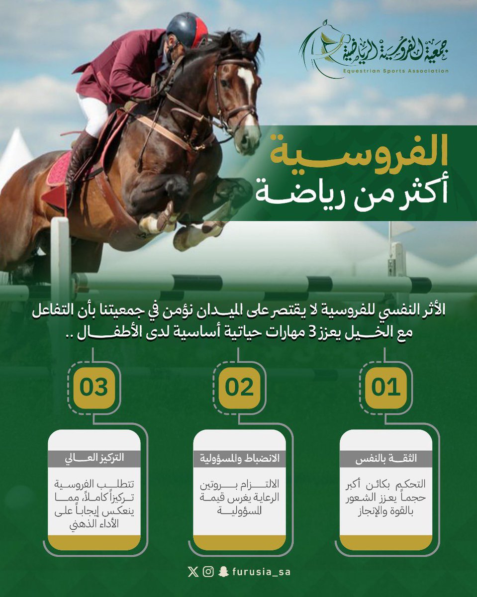 🏇 كيف تعزز «الفروسية» من المهارات الحياتية للفرسان الصغار؟

#فرسان_المستقبل 
#جمعية_الفروسية_الرياضية