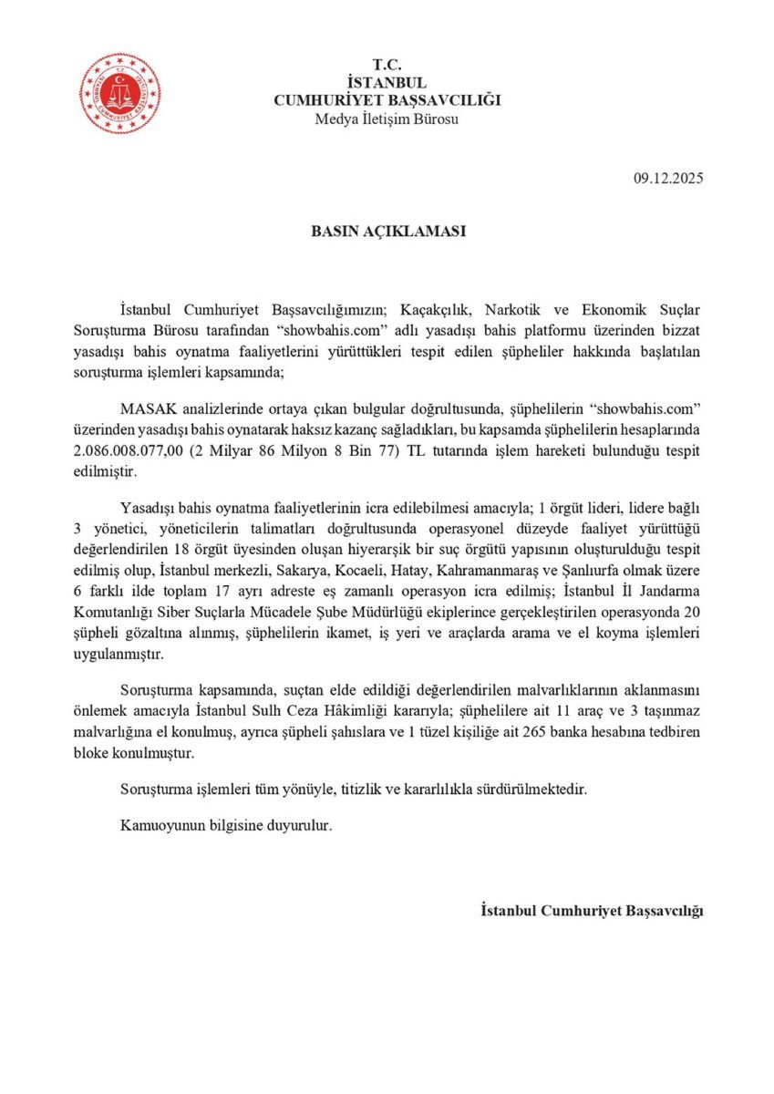 SON DAKİKA!
İstanbul Cumhuriyet Başsavcılığı, showbahis.com isimli yasa dışı bahis sitesinde bahis oynattıkları tespit edilen kişilere yönelik operasyon düzenledi.

MASAK raporlarına göre; şüpheliler showbahis üzerinden yüklü miktarda haksız kazanç elde etti.