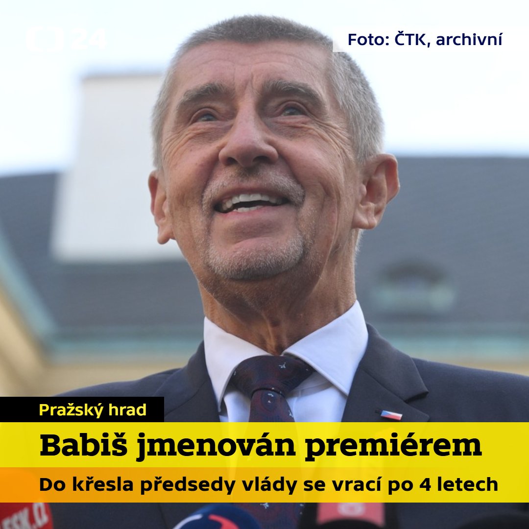 CT24zive's tweet image. Prezident Petr Pavel jmenoval novým premiérem předsedu hnutí ANO Andreje Babiše. Do funkce se Babiš vrací po čtyřech letech, asi do týdne by pak měl prezident jmenovat i zbytek vlády, na které se ANO domluvilo s hnutím SPD a Motoristy sobě.

🔗 Mimořádné vysílání k tématu můžete…