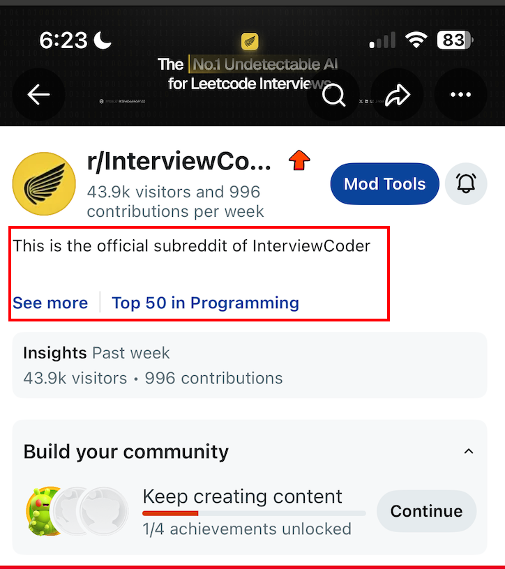 abdullaababakre's tweet image. started building the r/InterviewCoderHQ subreddit and it’s growing fast

we just hit top 50 in programming.