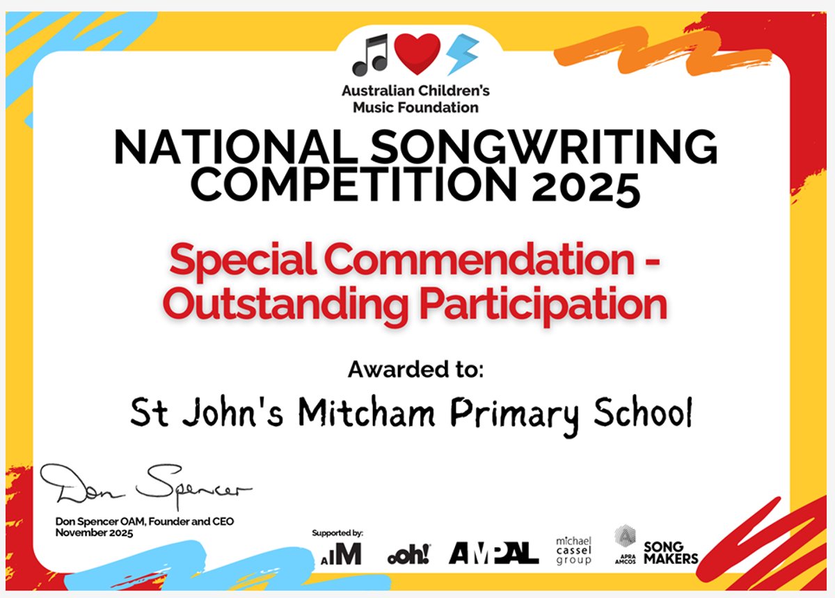 Years 3 to 6 wrote, rehearsed, and performed original songs for the Australian Children’s Music Foundation songwriting competition. No placings this time, but we received a special award certificate for creativity and participation. So proud of you all! 🎶👏