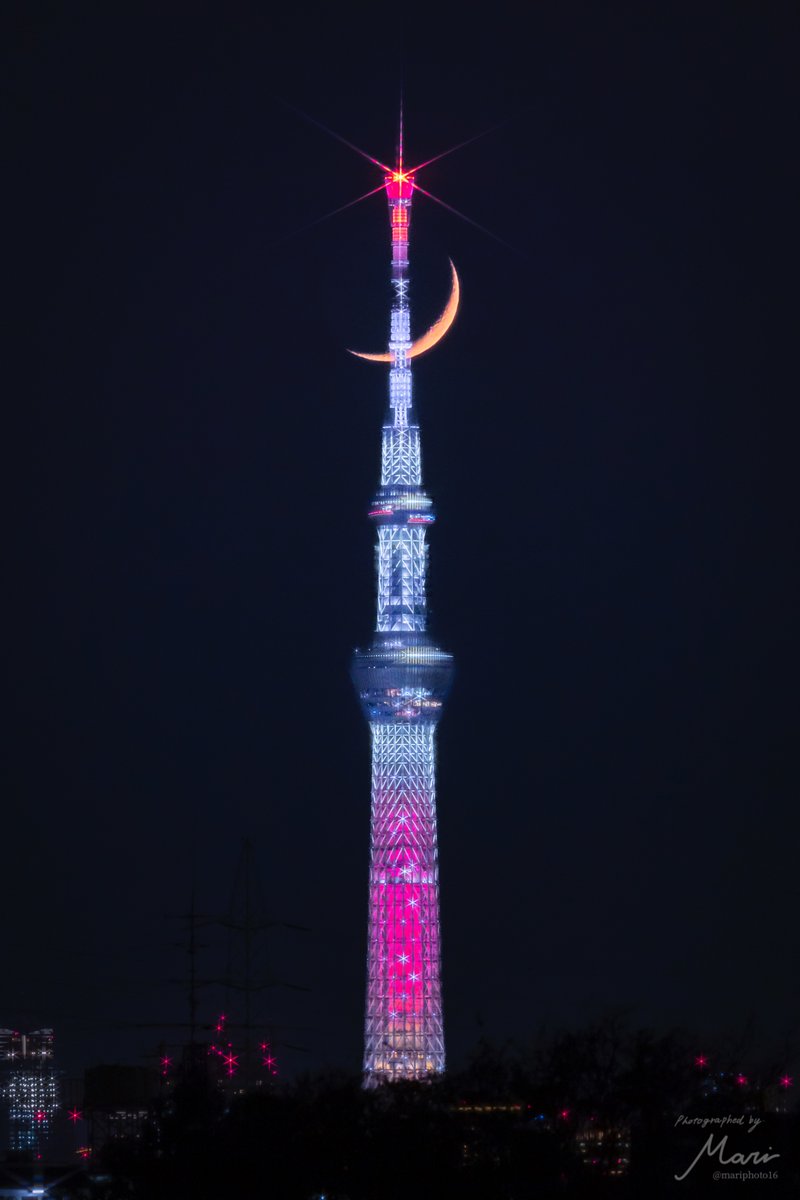 冬のスカイツリーと月がセーラームーンのスティックのようで綺麗でした🌙✨