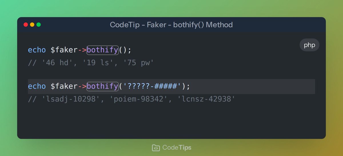 Need to generate random strings with letters AND numbers in PHP? Faker's bothify() method is your friend.

Perfect for test data like serial numbers, license plates, or custom IDs.

Check it out: codetips.cloud/tip/faker-both…
