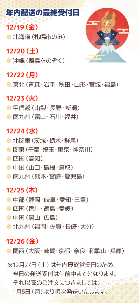 【🚛年内配送についてのお知らせ🚛】

配送先の地域により、年内にお届け可能な最終受付日が異なります🗓️
詳しくは、添付画像のスケジュールをご確認ください

年末年始は、物流量の増加や降雪の影響️により、配送に遅れが生じる場合がございます