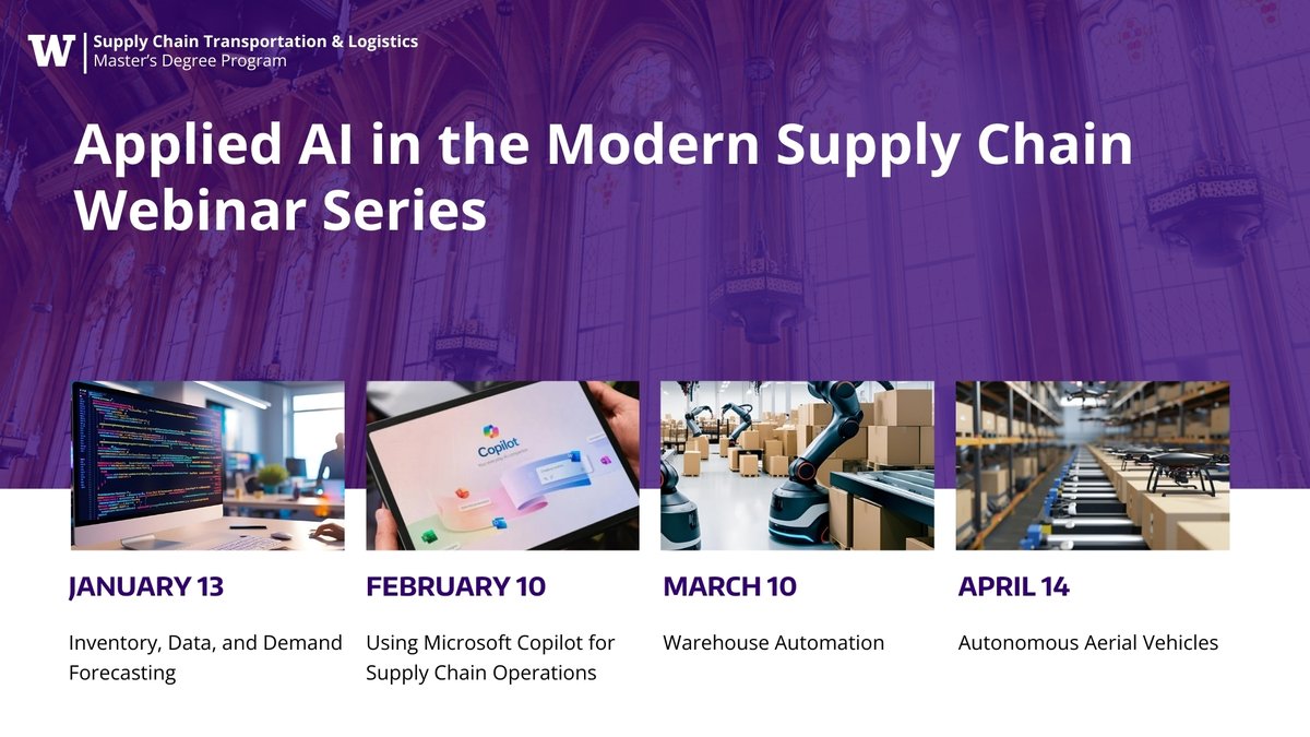 UWSupplyChain's tweet image. January 13: Join us for a talk on Inventory, Data, and Demand Forecasting, part of our new webinar series on Applied AI in the Modern Supply Chain.
supply-chain-transportation.uw.edu/admissions/eve…
#inventory #forecasting #datascience #bigdata #demandforecasting