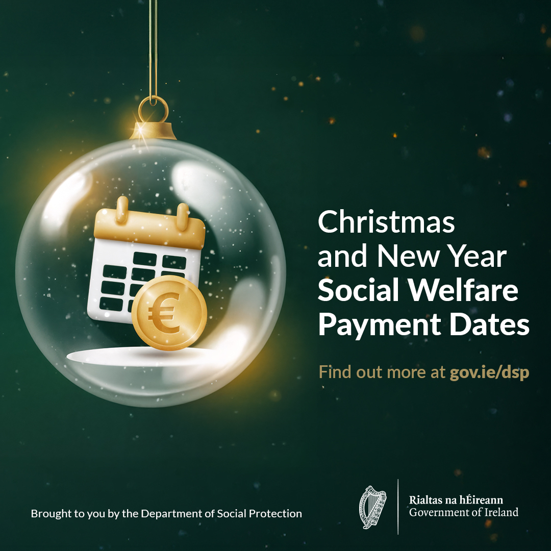 Christmas payment dates🎄

If you get a social welfare payment, the date which you receive your payment may change during the Christmas and New Year period. 

Details of all payment arrangements for this period are available here gov.ie/en/department-…