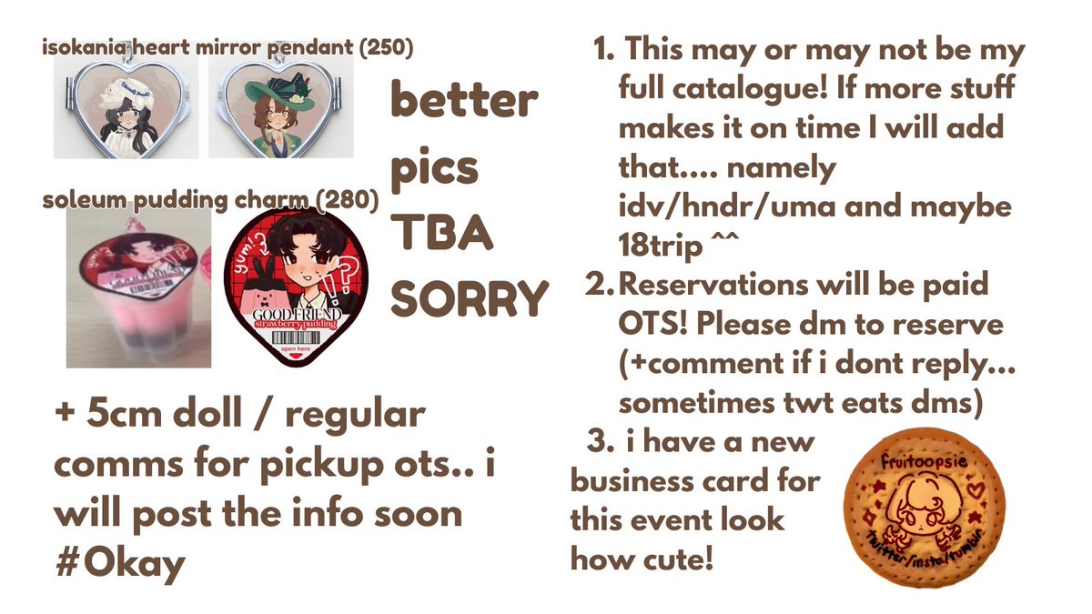 fruitoopsie's tweet photo. HII decided to open reservations for cosmatsu ^^ ill be accepting until the 15th!

🍪 dm to reserve ! open thread for more info
🍪 limbus company + gsgw / gdcg + r1999 + mairuma
🍪 more (idv,  hndr, etc) will b available ots! 

#cosmatsu2025 #cosplaymatsuri2025 https://t.co/49seokaMwf