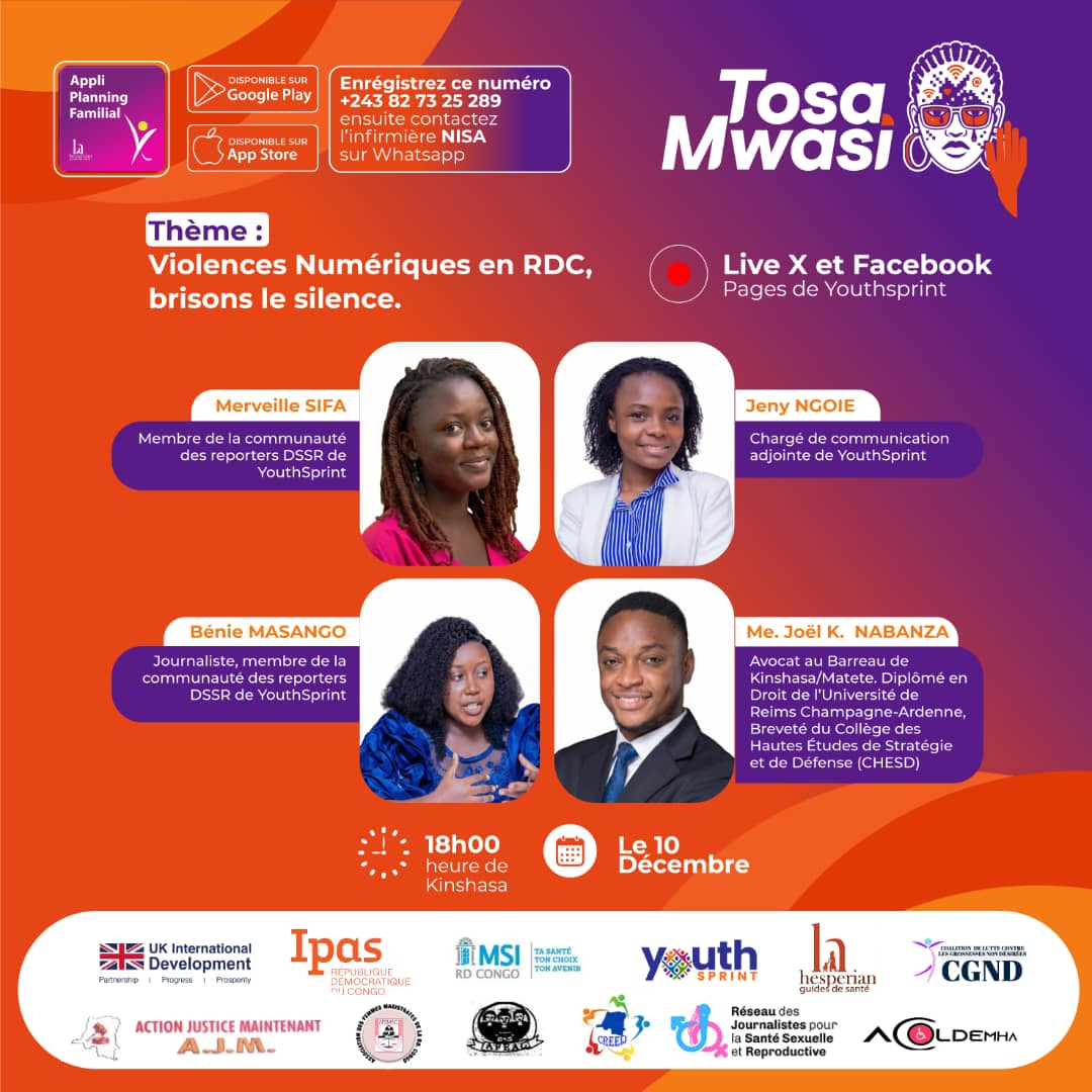 #TOSAMWASI 

Tout acte violent a des conséquences graves.

Prenez rendez-vous #demain soir à 18h00 de Kin avec les experts pour savoir comment vous #protéger en ligne,identifier, #signaler et #dénoncer les violences en ligne sur les pages <a href="/YouthSprint/">YOUTH SPRINT</a> et facebook.com/share/182QR91z….