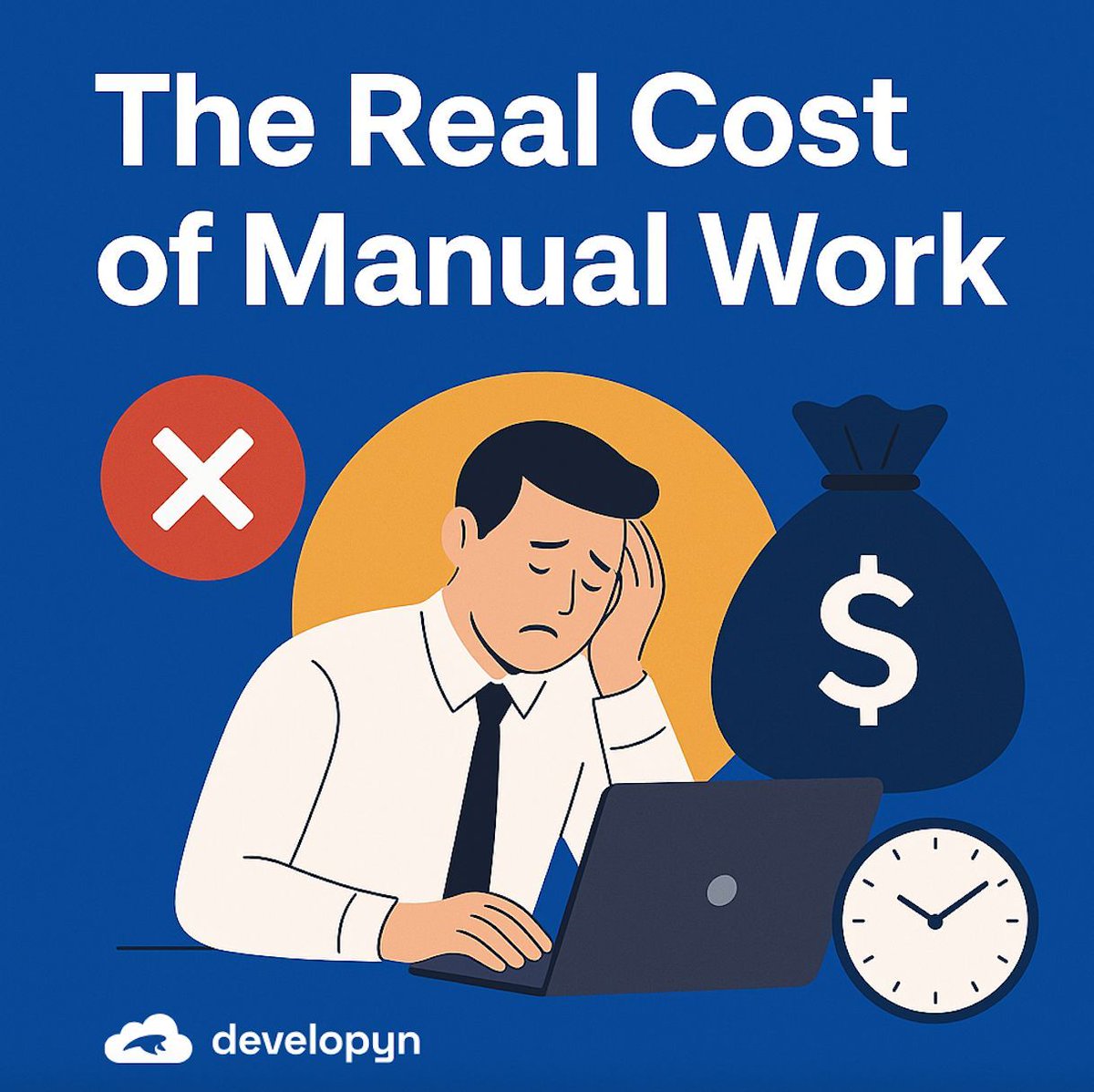 developyn's tweet photo. ⏳ The real cost of manual work isn’t just lost hours: slower onboarding, more errors, bottlenecks, unhappy customers, delayed revenue. Which is holding your team back? Automation can remove these barriers. https://t.co/Pap2yqlygi #Automation #Efficiency #Developyn https://t.co/8ovWfTzu3P
