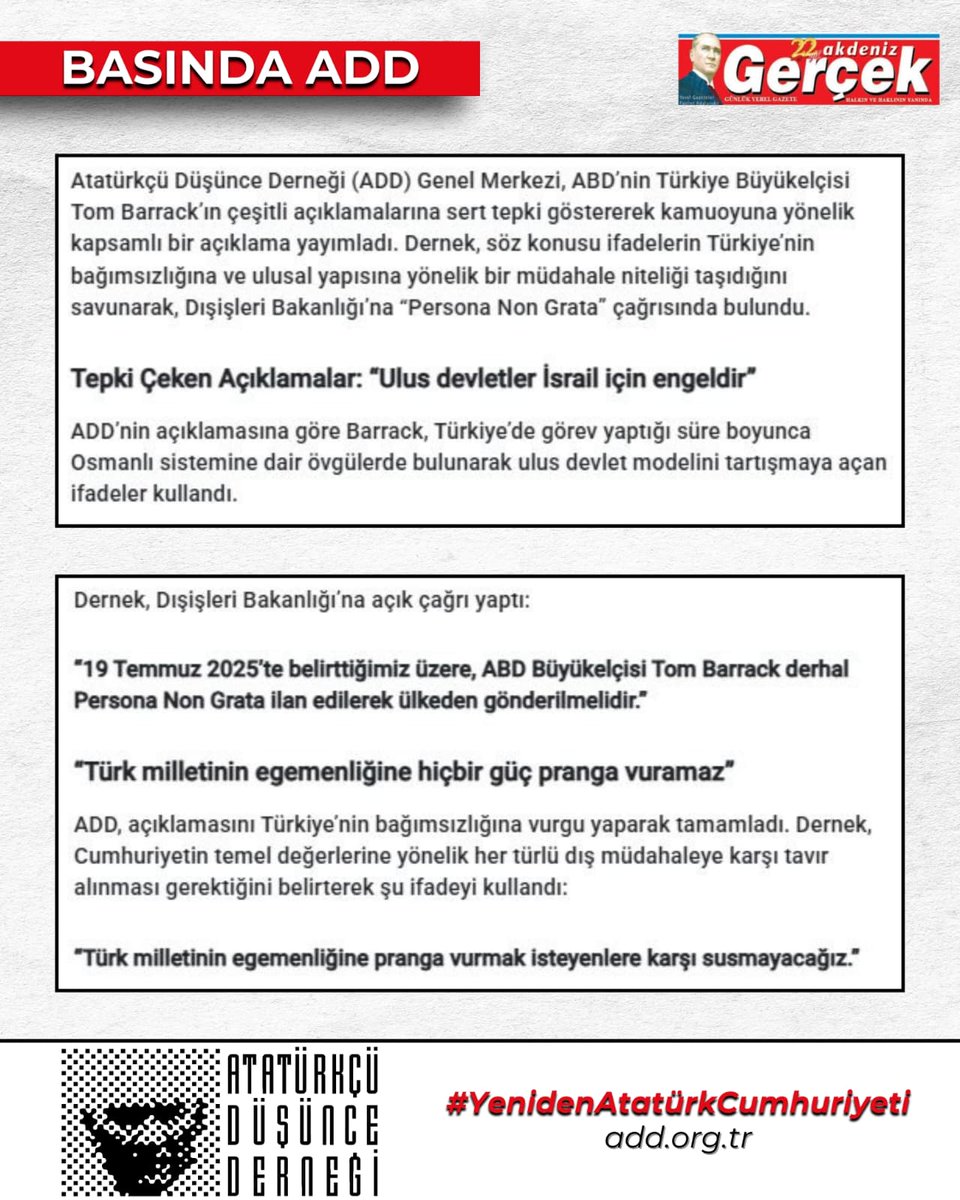 Kendini sömürge valisi sanan hadsiz ABD Ankara Büyükelçisi Tom Barrack'ın sınır dışı edilmesi gerektiği hakkında "Türk Siyaset Kurumuna Çağrı" başlıklı basın açıklamamız, Akdeniz Gerçek gazetesinde.

#BasındaADD #YenidenAtatürkCumhuriyeti #ATATÜRKTEBİRLEŞMEZAMANI