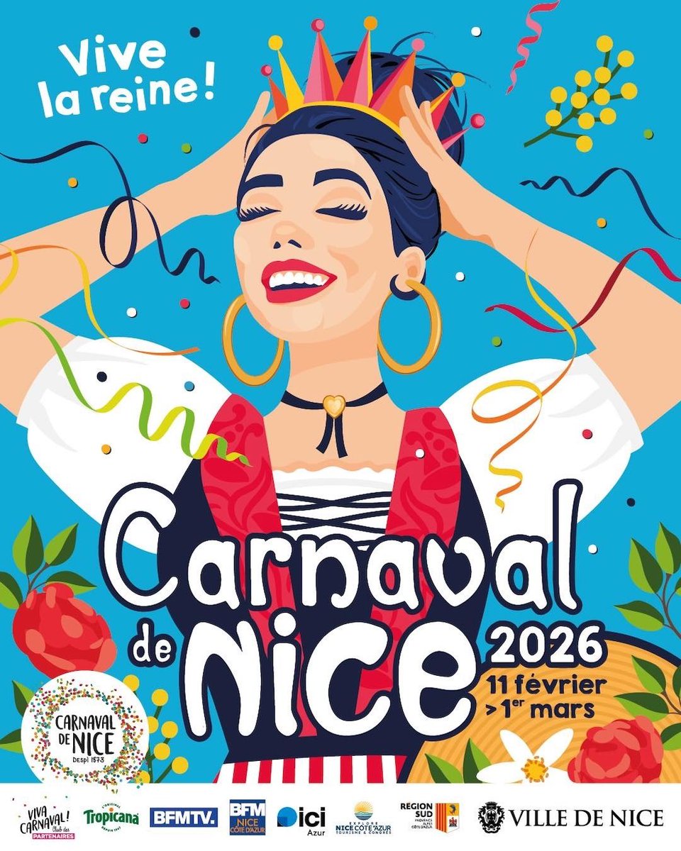 The poster for the 2026 Carnaval de Nice has been unveiled - Vive la Reine!

Carnaval runs from 11/02 - 01/03. The full programme is available here 👉 buff.ly/kRTGZ0I

Ticket sales open at 10 am on 17/12. 

Roll on 11th February et Vive la Reine! 

<a href="/VilledeNice/">Ville de Nice</a>