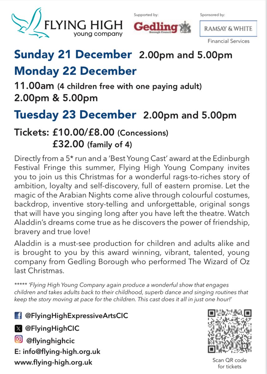 FlyingHighCIC's tweet image. ✨ We’ve got a few FREE children’s tickets left for Aladdin! If you’d like some, email info@flying-high.co.uk 🧞‍♂️💫

#Aladdin #FlyingHigh #FreeTickets