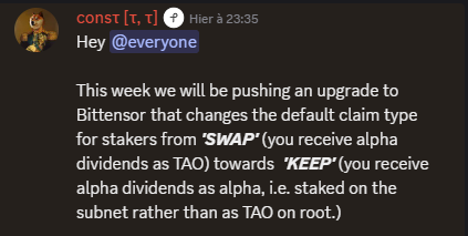 mentatminds's tweet image. Bittensor update - Root claim

The Root update will be pushed this week. You will now have two choices:

👉 Get your Root rewards in $TAO
👉 Keep your dividends in Alpha tokens

Please note that you will need to manually switch to “Swap” to get your rewards in TAO (as is done…
