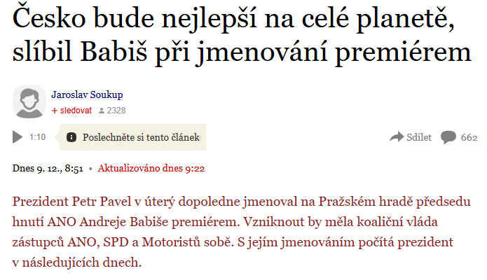 Aha, už tomu rozumím!

Česko bude nejlepší na celé planetě, stejně jako je podle Babiše planeta i Slunce a Měsíc.