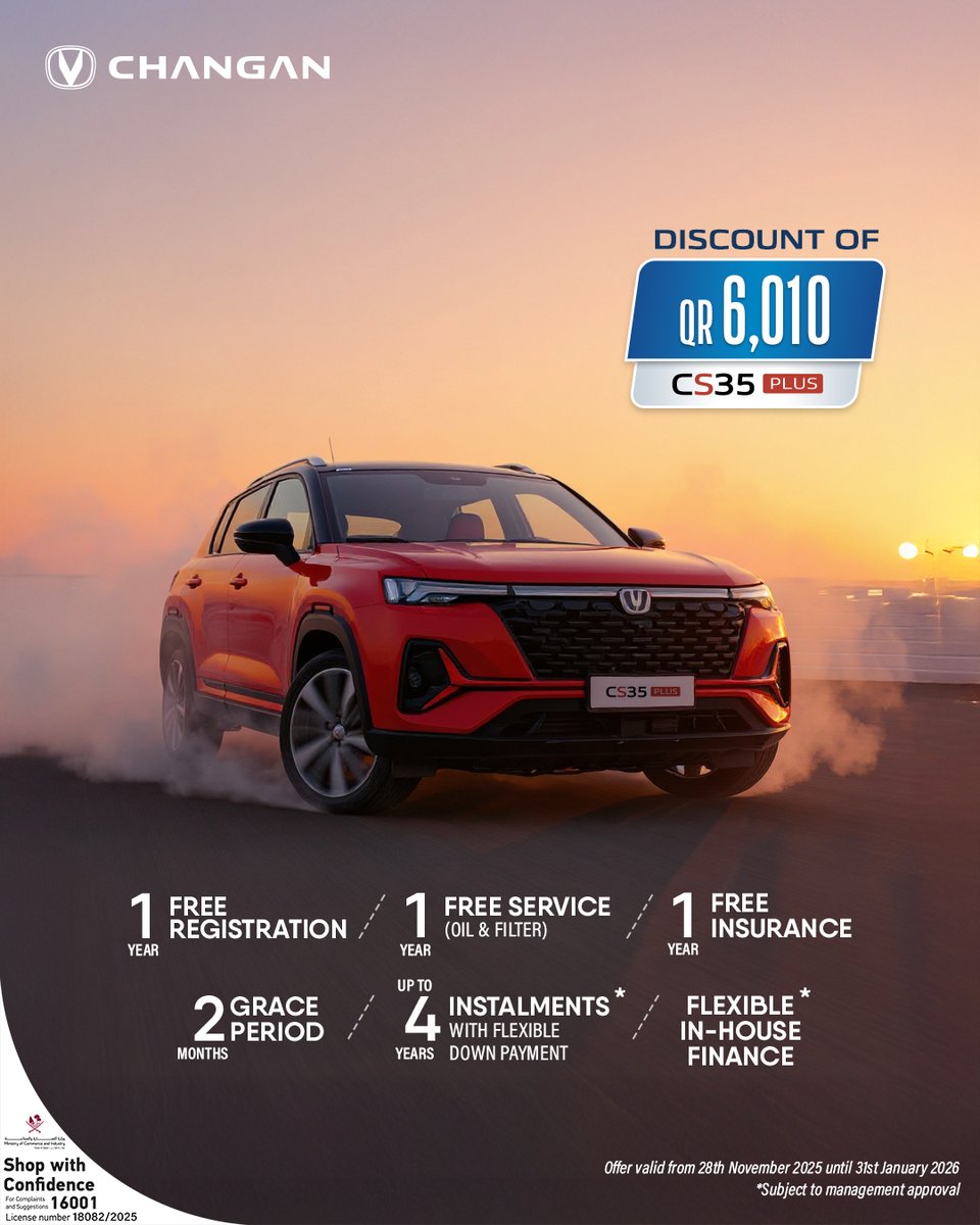 ChanganQatar's tweet image. Drive the #Changan CS35 Plus with our limited-time Year-End #Offer!

Enjoy a #SpecialDiscount + #Free Registration + Free First-Year Insurance.
Reserve yours now before the offer ends!
