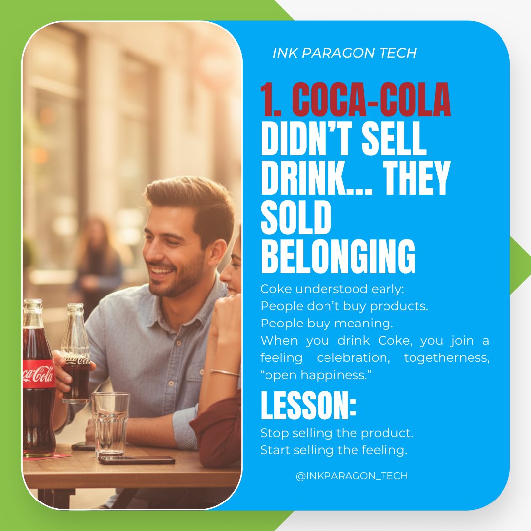 inkparagon_tech's tweet photo. How Coca-Cola Became a Household Name.

5 Branding Lessons You Can Apply Today

Most people think Coca-Cola became a global icon because of marketing budget.

But that’s not the real story.

Coke won because they understood one truth long before everyone else: https://t.co/yLv2heZU3l