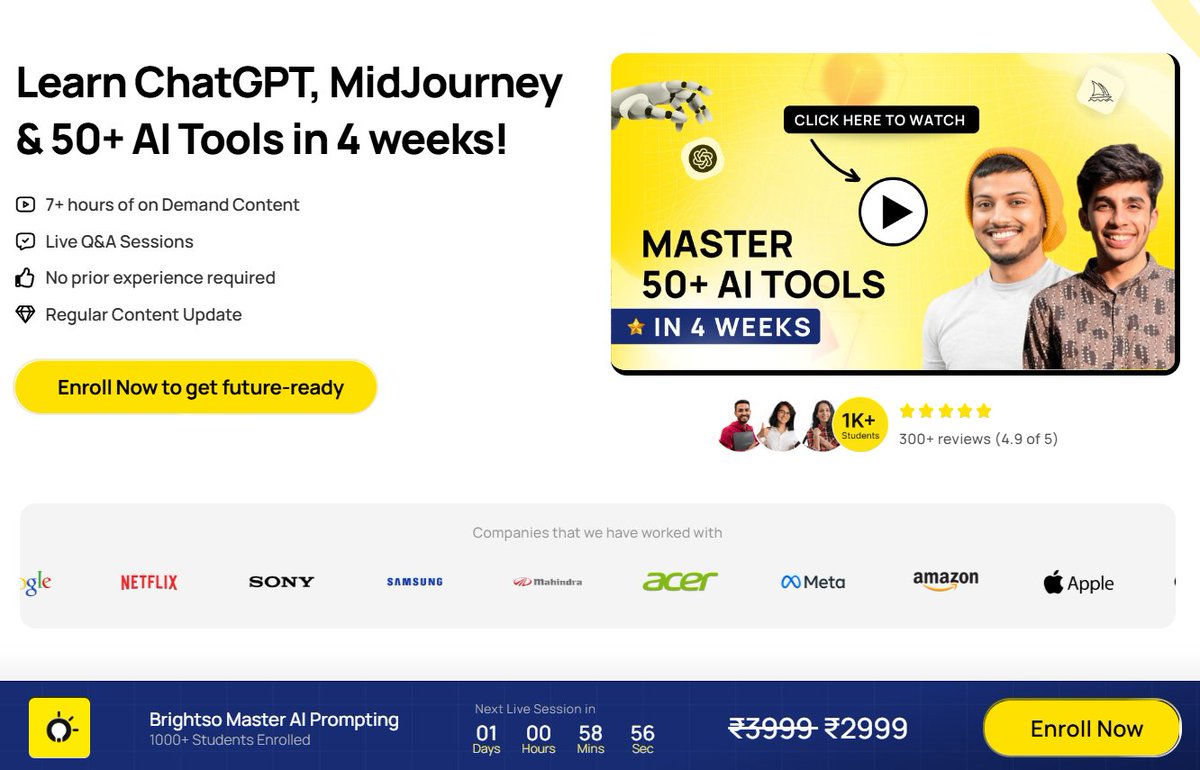 codewithimanshu's tweet image. TECH BVRNER AI COURSE FREE Giveaway

Learn ChatGPT, MidJourney &amp;amp; 50+ AI Tools in 4 weeks!

Including All:
- 7+ hours of on Demand Content
- Live Q&amp;amp;A Sessions
- No prior experience required
- Regular Content Update

ORIGINAL PRICE- 2999
TO GET THIS COURSE FOR FREE :

1️⃣ Follow…