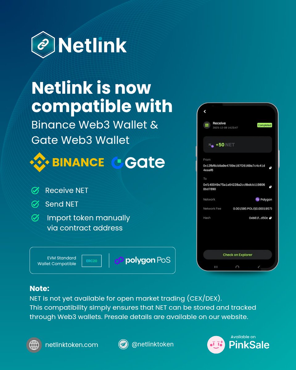 netlinktoken's tweet photo. Netlink (NET) is now supported on Binance Web3 Wallet and Gate Web3 Wallet, allowing users to store and track NET in non-custodial wallets. 

#Netlink #Web3Community https://t.co/nCITnxU7CU