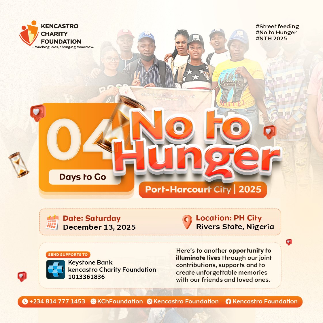 The goal has always been simple: touch lives and remind people that they’re not alone, and together
Now it’s time to do it again. Keep the energy up💪🔥 volunteer, repost, tell someone about #NoToHunger. 

#KencastroCharityFoundation #NoToHunger #NTH2025 #NTHPortHarcourt #NTHPH