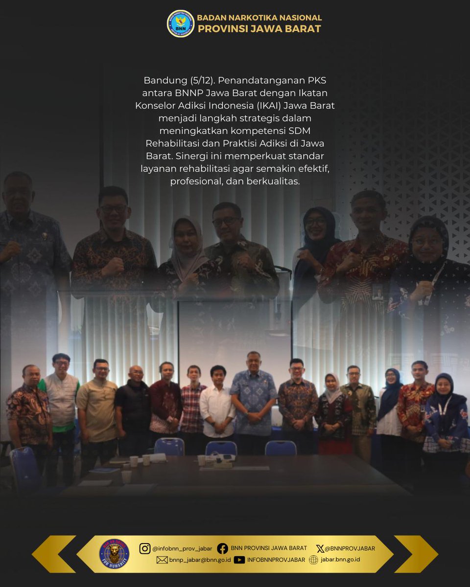 BNNP Jawa Barat bersama Ikatan Konselor Adiksi Indonesia (IKAI) Jawa Barat melaksanakan penandatanganan Perjanjian Kerja Sama (PKS) sebagai wujud komitmen bersama dalam meningkatkan kualitas SDM Rehabilitasi dan Praktisi Adiksi di Jawa Barat.
