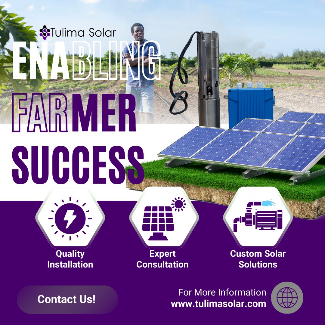 🚜⚡ Power your farm with reliable solar energy!

Tulima Solar is enabling farmer success through:
🔧 Quality Installation
🌞 Expert Consultation
💡 Custom Solar Solutions

From solar water pumps, Agro processing machines to complete farm energy systems, we help you boost