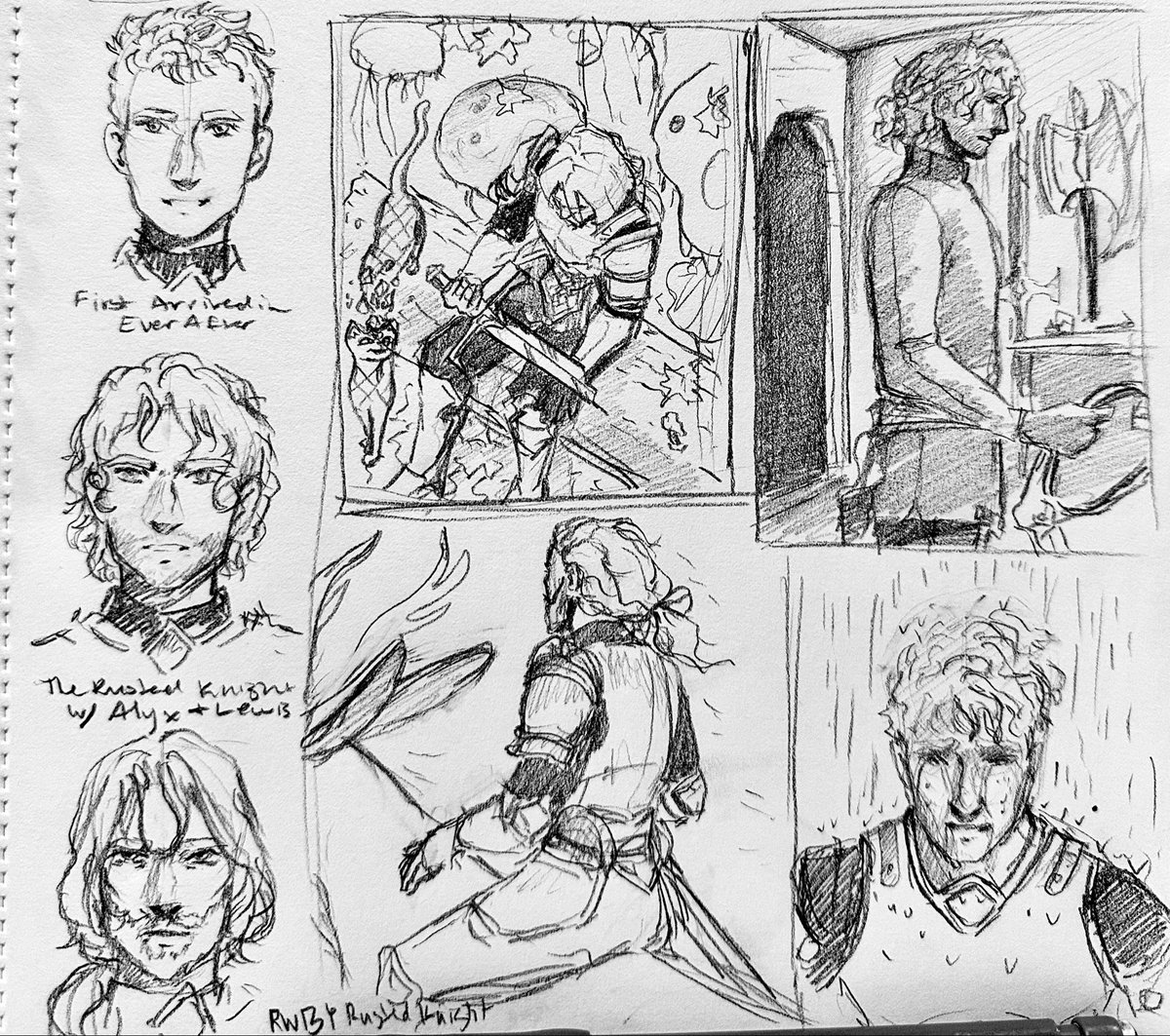 Rusted knight Jaune sketchesssss 🛡️⚔️

(Idk how I drew that above perspective)
#RWBYfanart #jaunearc