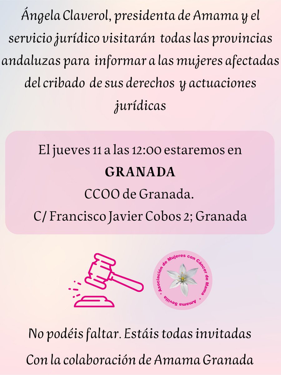 ❗️El próximo jueves, 11 de diciembre a las 12h en <a href="/ccoogranada/">CCOO Granada</a>
⚧️ <a href="/AmamaSevilla/">Amama Sevilla</a>  informa, sobre sus derechos y  actuaciones jurídicas a llevar a cabo, a las mujeres con cáncer de mama afectadas por la llamada "crisis de los cribados" que han sufrido retrasos en su diagnóstico