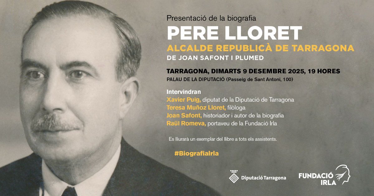 ‼️📕Recordeu, avui: Presentació del treball guanyador de la 5a Beca Tarradellas: «Pere Lloret. Alcalde republicà de Tarragona», obra de <a href="/joansafont/">Joan Safont</a>.

📆 Dimarts 9 de desembre
🕖 19 h
📍 Palau de la <a href="/Dipta_cat/">Diputació de Tarragona</a> 

<a href="/FundacioIrla/">Fundació Irla</a>
<a href="/universitatURV/">Universitat Rovira i Virgili</a>

#memòriahistòrica #femmemòria